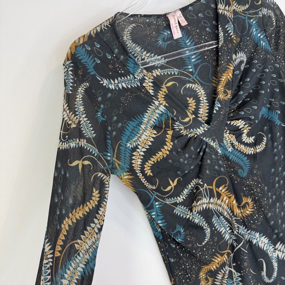 Vintage Y2K Sweet Pea Top Womens XL Green Paisley Mesh V-Neck Ruched Long Sleeve
